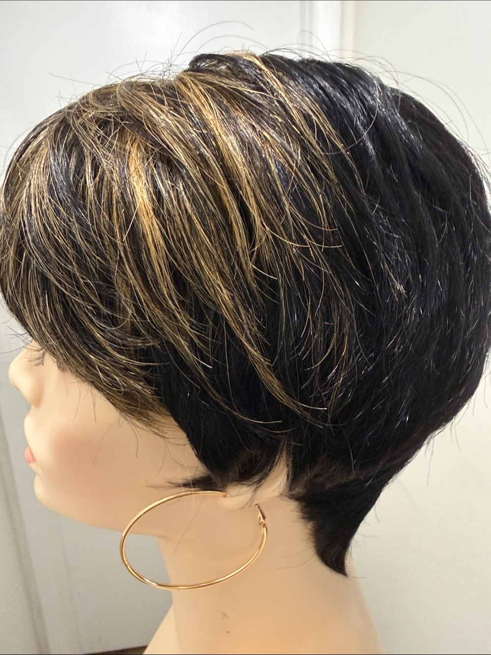 💯% HUMAN Hair Pixie Cut with Bangs, Black Highlighted in Honey/Caramel